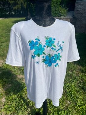 White Tunic Top with Teal & Blue Floral Embroidery